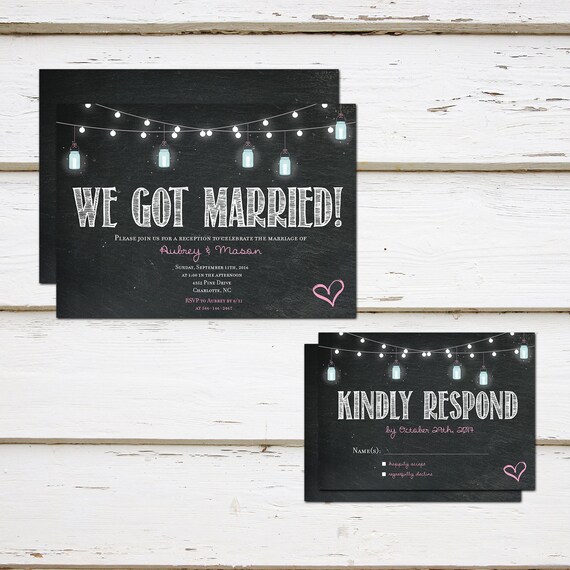Printable Elopement Reception Invitation Suite, RSVP card, Chalkboard String Lights, We got married, We Eloped, Party, Rustic, MB056 Il_570xn