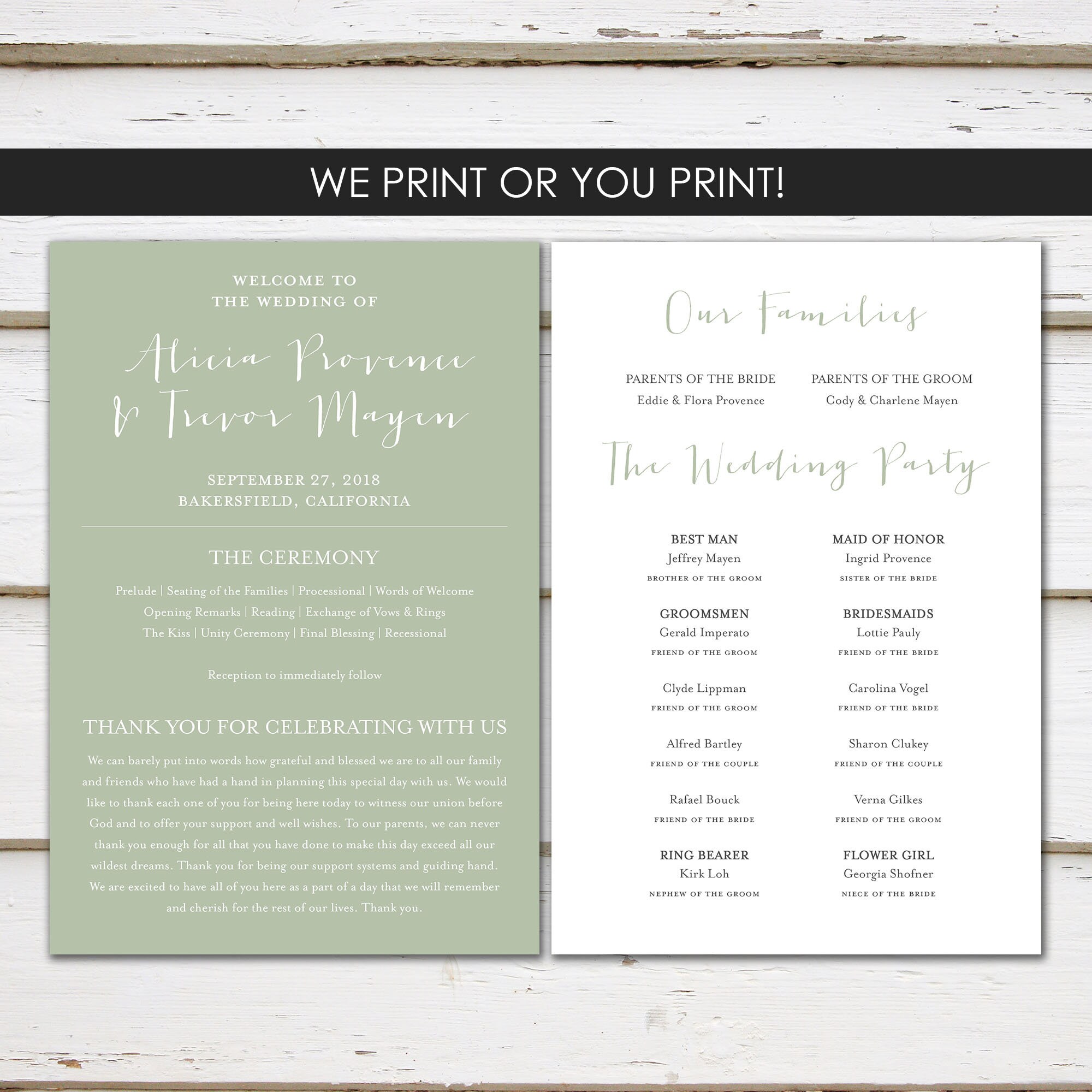 printable simple wedding program greenery rustic personalized