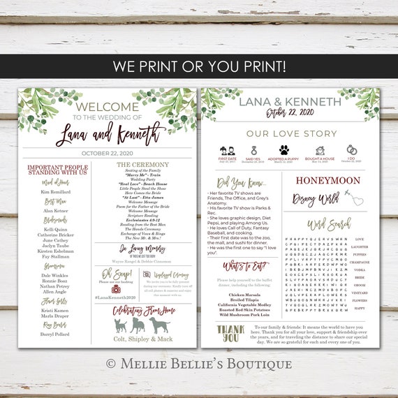 Fun Infographic Wedding Program, Unique Wedding Program, Fun Program, Modern Program, Greenery, Fun Facts, Printable or PRINTED, MB651 Il_570xn