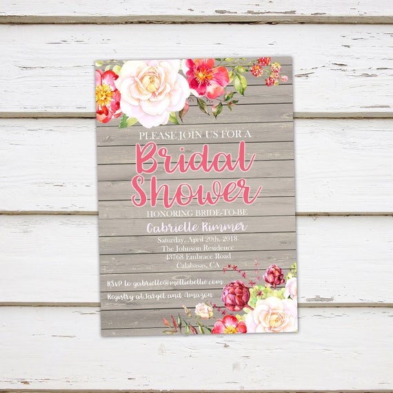 Printable Floral Bridal Shower Invitation, Rustic, Wood, Roses, Pink, Coral, Purple, Plum, Wine, Cabernet, Summer, Spring, MB052 Il_570xn