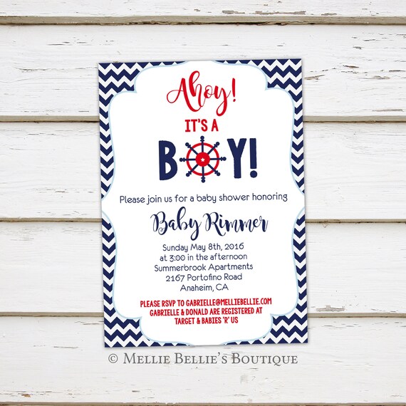 Printable Nautical Baby Shower Invitation, Ahoy It's a Boy, Anchor, Blue Red, Coastal, Boat, Ocean, Beach, Tropical, Summer, MB125 Il_570xn