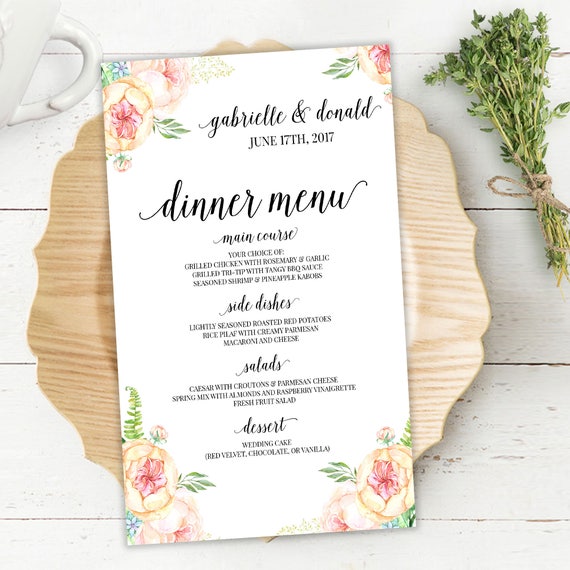 Printable Wedding Reception Menu Dinner Menu Blush Floral
