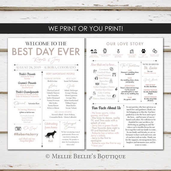 Funny Program Printable or PRINTED Modern Program Fun Facts Fun Program Unique Wedding Program MB541 Fun Infographic Wedding Program