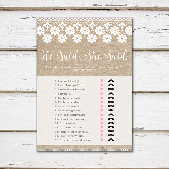 Printable Bridal Shower Game, He Said She Said, Party Game, Couples Shower, Wedding Shower, Burlap & Lace, Digital, MB194 Il_570xn