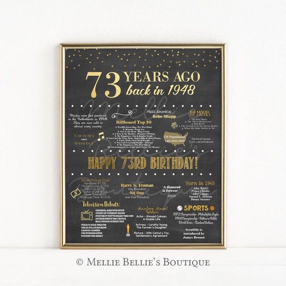 Printable 73rd Birthday Chalkboard Sign, Back in 1948, Birthday Gift, Birthday Poster, 1948 Poster, Digital, Download, Sign, MB018 Il_570xn