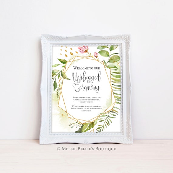 Printable Unplugged Ceremony Wedding Sign, Greenery Frame, Gold Boho Chic, Instant Download, No Phones or Cameras, Digital, MB343 Il_570xn