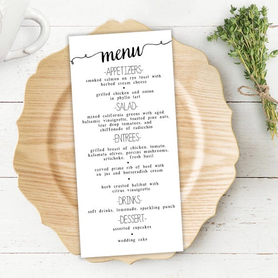 Printable Simple Wedding Dinner Menu Reception Appetizers Menu