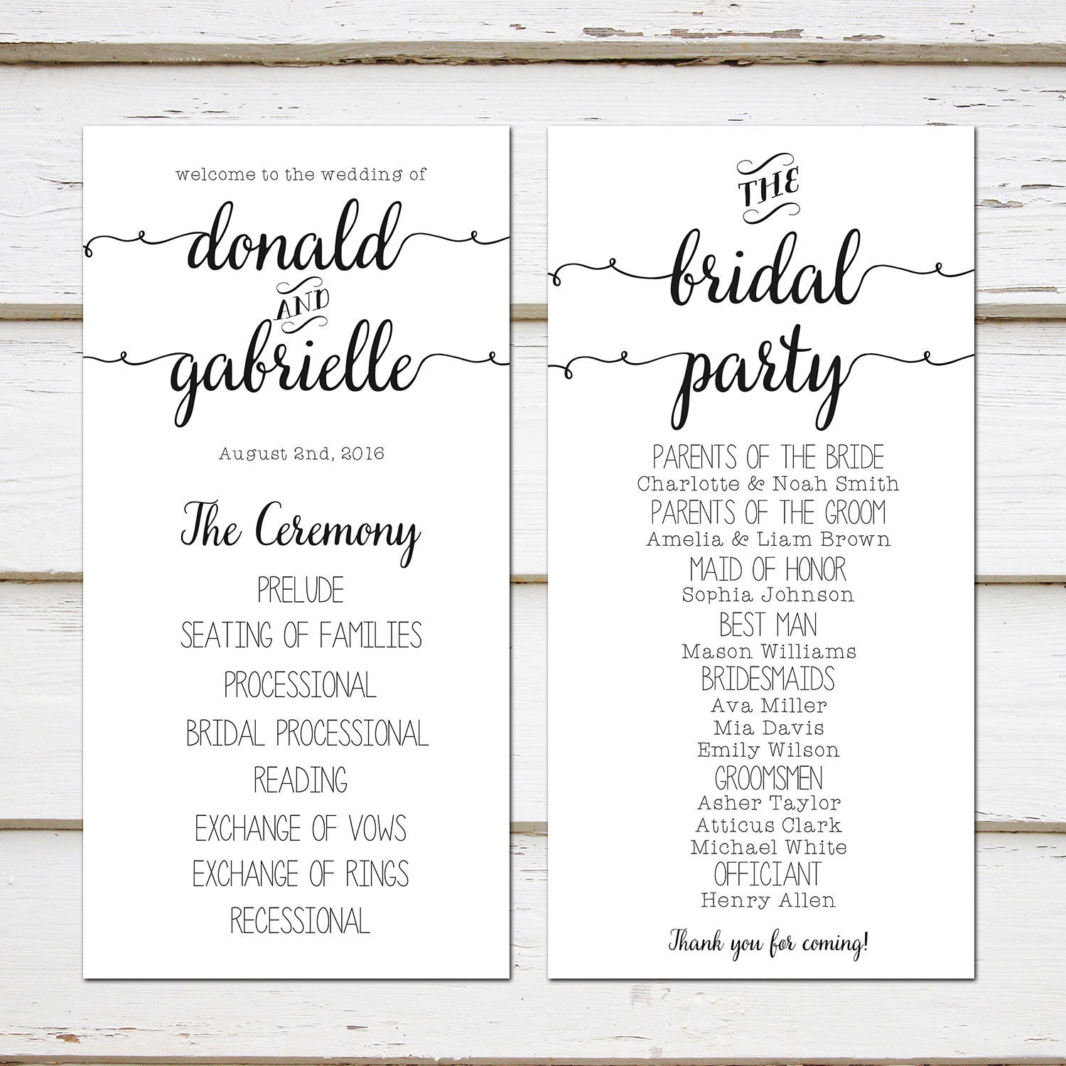 printable simple wedding program black and white plain casual