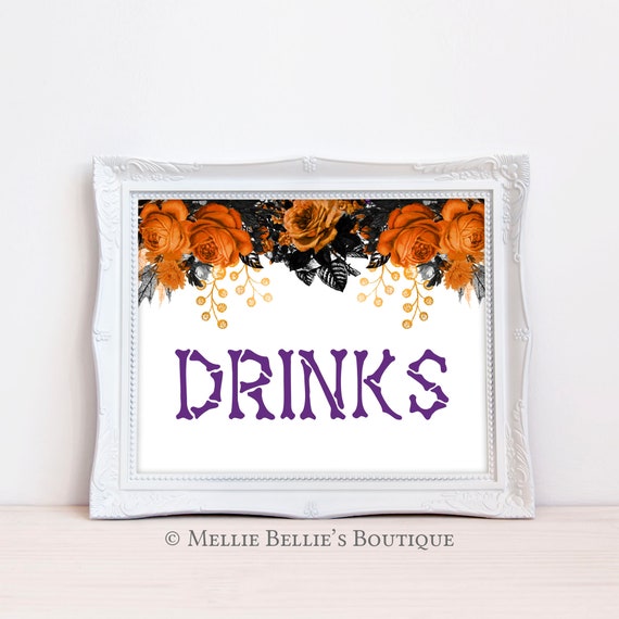 Printable Halloween Party Drinks Sign, Orange Black Floral, Holiday Decor, Drink Table Printable, Digital Sign, Halloween Party Decor, MB526 Il_570xn