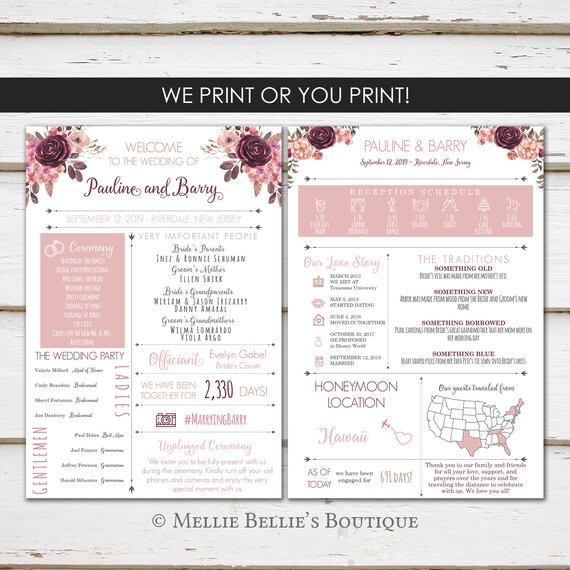 Fun Infographic Wedding Program, Unique Wedding Program, Fun Program, Modern Program, Burgundy Floral, Printable or PRINTED, MB521 Il_570xn