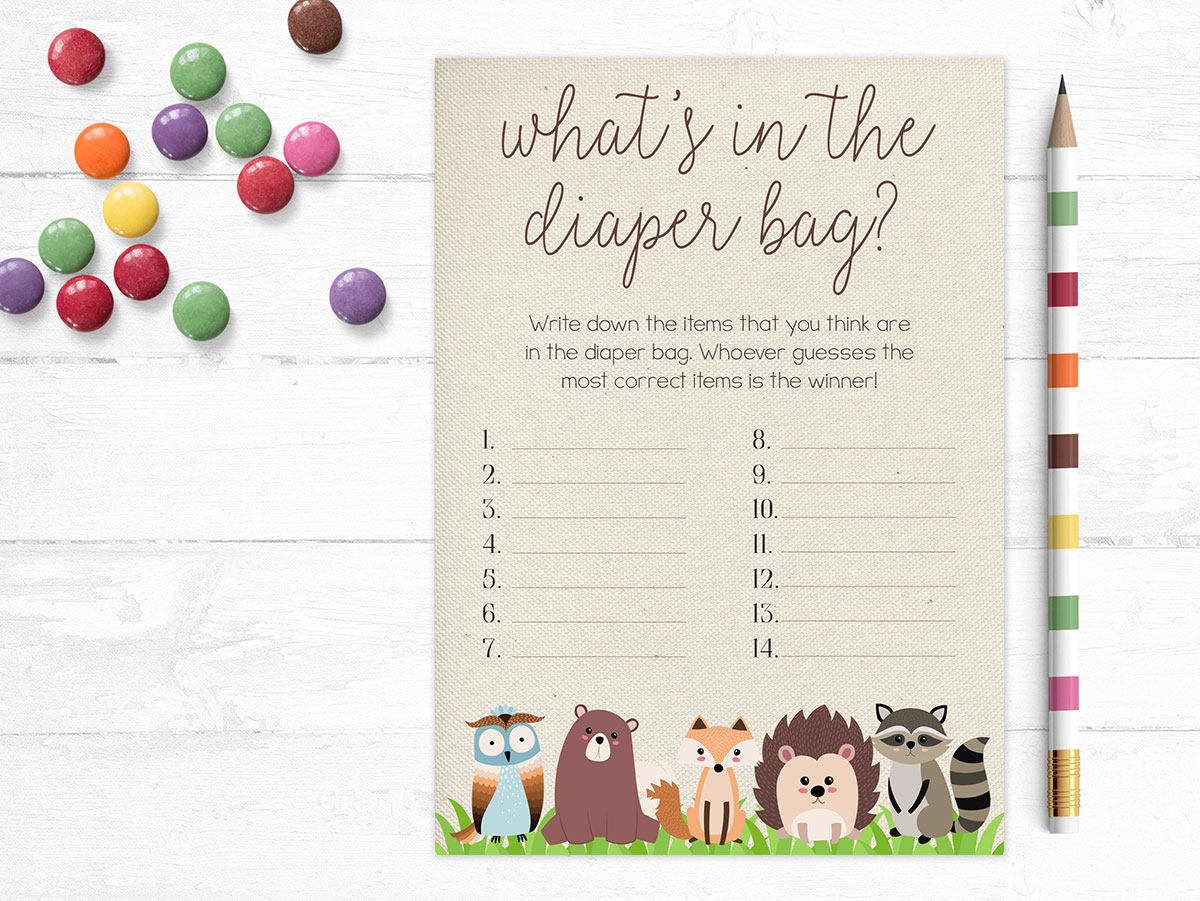 Printable Woodland Baby Shower Game Diaper Bag Game Guess What S Printable Woodland Baby Shower Game Diaper Bag Game Guess What S