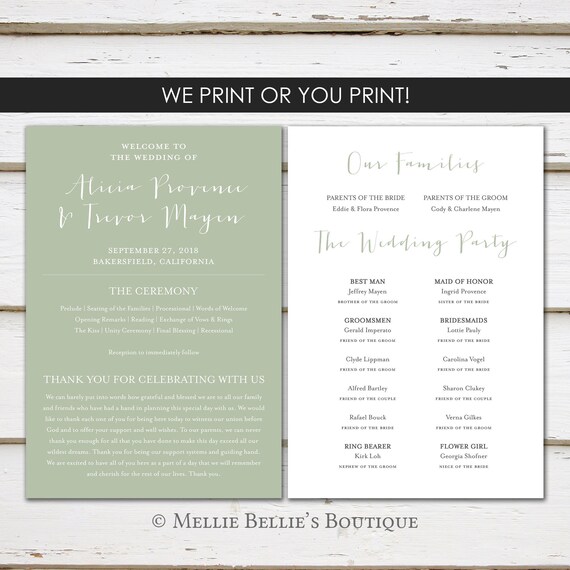 Printable Simple Wedding Program Greenery Rustic Personalized