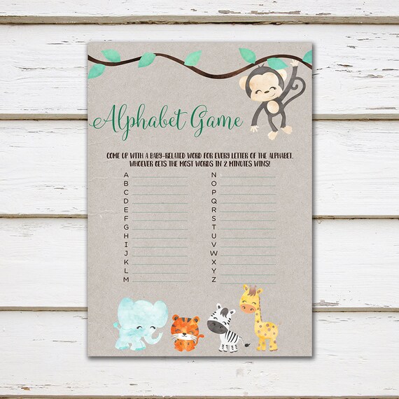 Printable Baby Shower Game, ABC Game, Alphabet Game, Jungle Animals, Letters, Kraft, Jungle, Jungle Baby Shower, Digital, MB197 Il_570xn