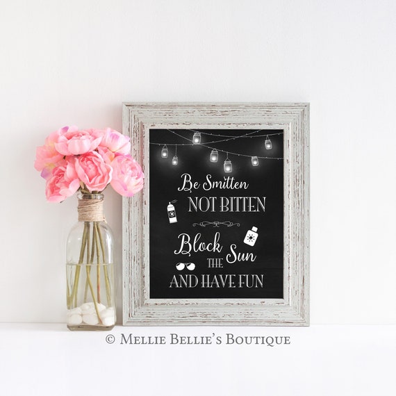 Printable Sunblock Bug Spray Sign, Wedding Sign, Smitten Not Bitten, Blocl the Sun, Chalkboard, Outdoor, Lights, Rustic, MB367 Il_570xn