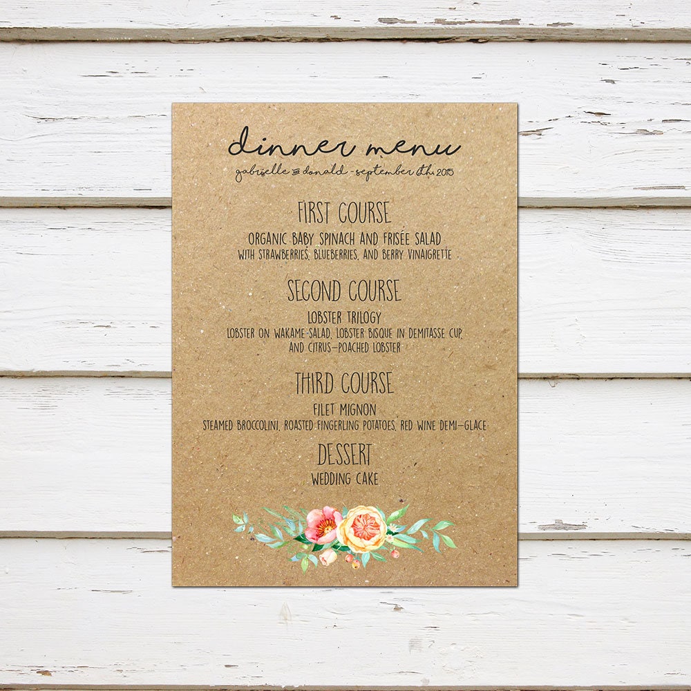 printable rustic wedding menu kraft paper menu template chic