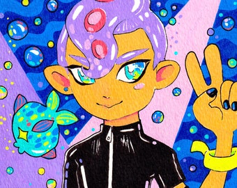 May include: Illustration of a character with purple hair and a black outfit, giving a peace sign. The background features bubbles and colorful fish. The character has a yellow skin tone and is wearing a black top with a zipper.