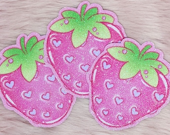 Sweet Glittery Strawberry Paper Stickers | Kawaii Iridescent Glitter Sweet Summer Strawberry Handmade Sticker