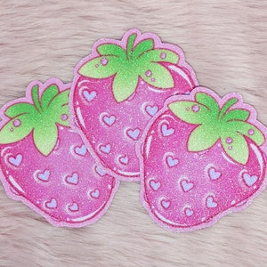 Sweet Glittery Strawberry Paper Stickers | Kawaii Iridescent Glitter Sweet Summer Strawberry Handmade Sticker