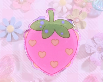 Supporto per telefono in acrilico a forma di cuore lucido e fragola/Supporto per telefono pieghevole/Carino supporto per telefono Kawaii Cottagecore Strawberry Dreams <3