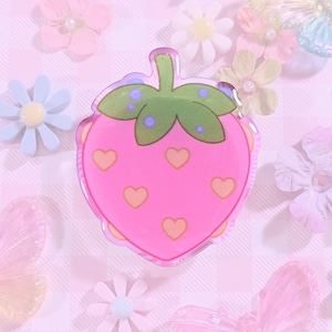 Sweet Glossy Heart Strawberry Acrylic Phone Grip/Collapsible Phone Grip | Cute Kawaii Cottagecore Strawberry Dreams Phone Grip &lt;3