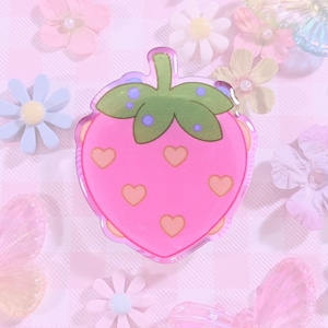 Sweet Glossy Heart Strawberry Acrylic Phone Grip/Collapsible Phone Grip | Cute Kawaii Cottagecore Strawberry Dreams Phone Grip <3