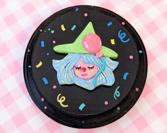 Nostalgic Party Core Clown Witch Wooden Wall Plaque | Kawaii Rainbow Clown Aesthetic