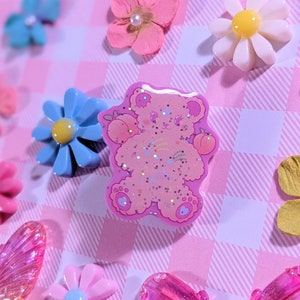 Sweet Peachibear Acrylic Pin | Kawaii Sparkling Lovecore Aesthetic Bear with Holographic Glitter