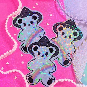 Sweet Bubble Holographic Rainbow Bear Witch | Kawai Confetti Glitter Holographic Vinyl Sticker | Cute Spooky Aesthetic