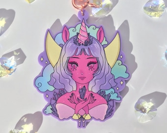 Unicornio Prismá Mágico Celestial lindo acrílico llavero con cristal del corazón