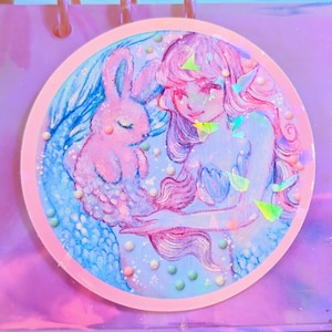 Autocollant de sirène Bunni arc-en-ciel holographique en cristal doux | Autocollant en vinyle holographique à paillettes Kawaii Confetti | Esthétique de conte de fées pastel mignon