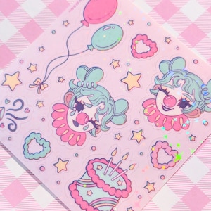 Hoja de pegatinas holográficas Party Clown Cutie / Pastel Rainbow Party Kei Clown Core Estética