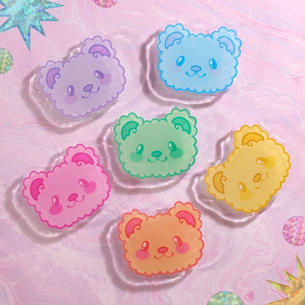 Glittery Rainbow Teddy Bear Acrylic Phone Grip/Collapsible Phone Grip | Cute Kawaii Fruity Fluffy Teddy Bear Dreams Phone Grip <3