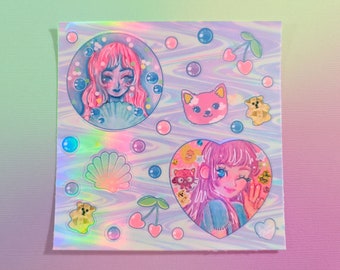Magical Summer Kitsch Harajuku Holographic Sticker Sheet | Pastel Rainbow Party Kei Mermaid Core Aesthetic