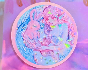 Sweet Crystal Holographic Rainbow Bunni Mermaid Sticker| Kawaii Confetti Glitter Holographic Vinyl Sticker | Cute Pastel Fairytale Aesthetic