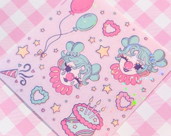 Party Clown Cutie Holographic Sticker Sheet | Pastel Rainbow Party Kei Clown Core Aesthetic