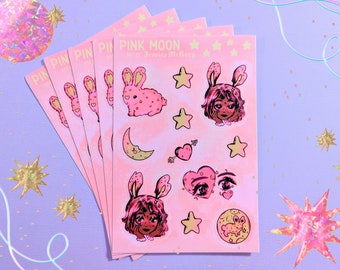 Sweet Bunny Moon Magical Matte Waterproof Vinyl Sticker Sheet | Cute Pastel Soft Girl Aesthetic