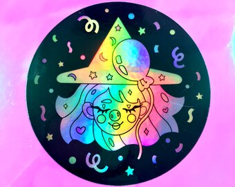 Confetti Witch Magical Holographic Waterproof Vinyl Sticker | Cute Pastel Clown Witch Confetti Party Aesthetic