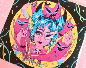 May include: A colorful illustration of a blue-haired character with a pink and purple background. The character is surrounded by pink and purple cartoon monsters with fangs. The background is filled with confetti and stars.