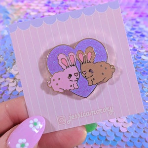 Honey Bunny Love Glittery Enamel Pin | Kawaii Pastel Magical Valentine&#39;s Bunny Gold Hard Enamel Pin