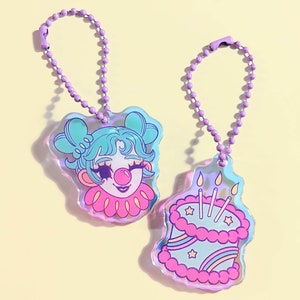 Cute Clown Birthday Cake Iridescent Translucent Acrylic Keychains | Cute magical clowncore phone charm keychain accessories