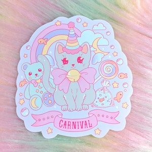Karneval Süßigkeiten Kawaii Neko Vinyl Aufkleber | Süße magische Clown Festival Pastell ästhetische wetterfeste glänzende Vinyl-Aufkleber