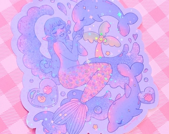 Starburst Mermaid Pastel Rainbow Star Holographic Vinyl Sticker l Girl Pastel Estetica Resistente alle intemperie Adesivo in vinile lucido