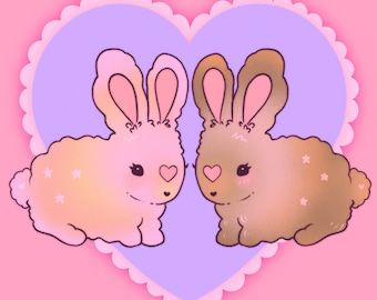 May include: Two fluffy bunnies with pink hearts for eyes are looking at each other inside a purple heart with a white scalloped border. The bunnies are on a pink background.