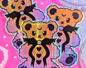 Zoete regenboog holografische Halloweenie griezelige beer | Holografische vinylsticker Kawai confetti glitter | Leuke spookachtige esthetiek