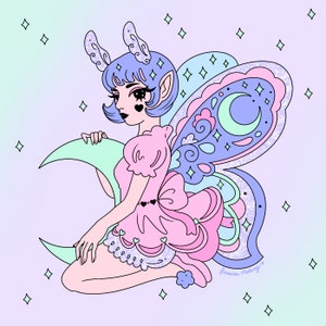 Sweet Pastel Moon Moth Art Print | Magical Celestial Fairycore Fantasy Aesthetic Illustration Fine Art Matte Print