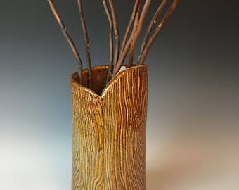 Handmade Pottery Vase - Rustic Woodgrain Floral Decor