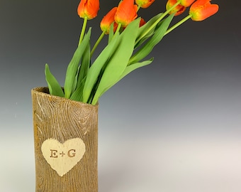 Custom Pottery Vase, Carved Initials, Woodgrain Anniversary Gift
