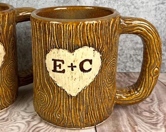 Custom Carved Mug, personalized Wood Grain Pottery, Anniversary,  wedding Gift
