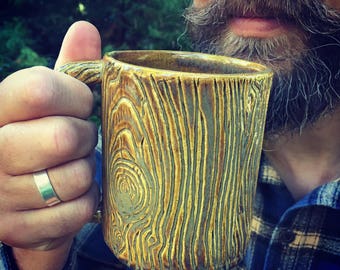 Handmade Woodgrain Pottery Mug, Lumberjack Coffee Cup, 16oz