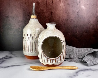 Hand Carved, Pottery Salt Cellar with Bamboo Spoon